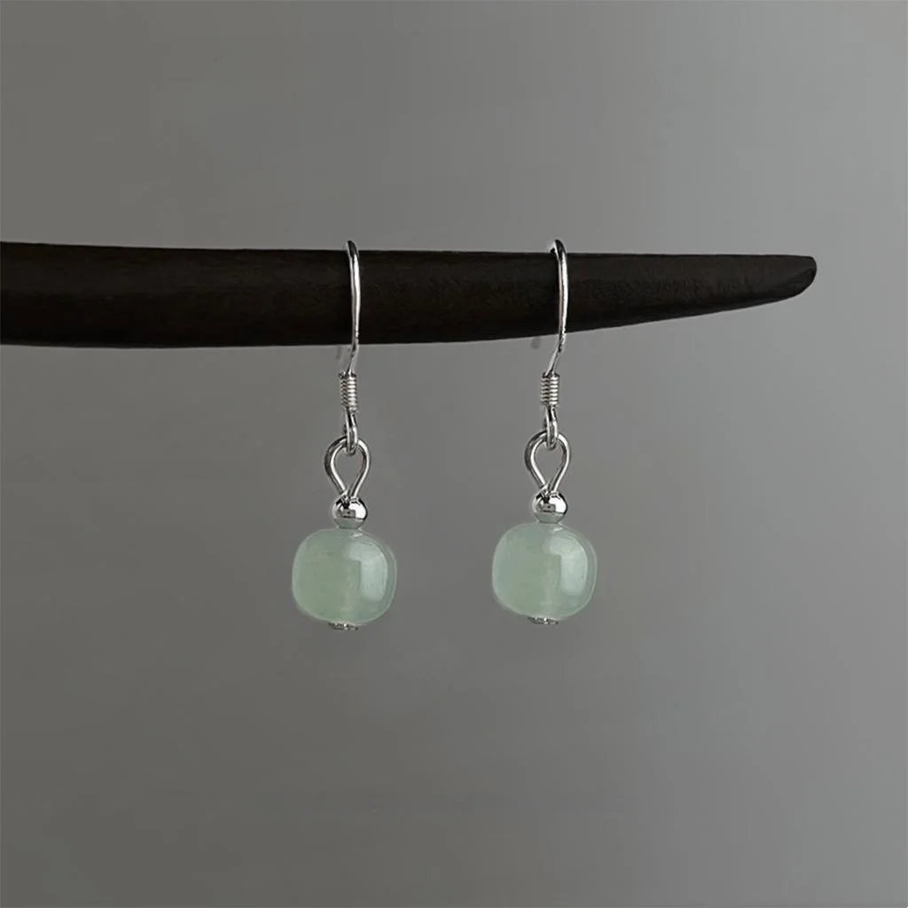Vintage Green Aventurine Geometric Round Drop Earrings Silver Plated Handmade Forest Style