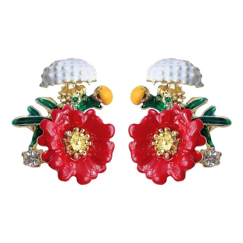 French Oil Painting Style Red Flower Drip Glaze Stud Earrings
