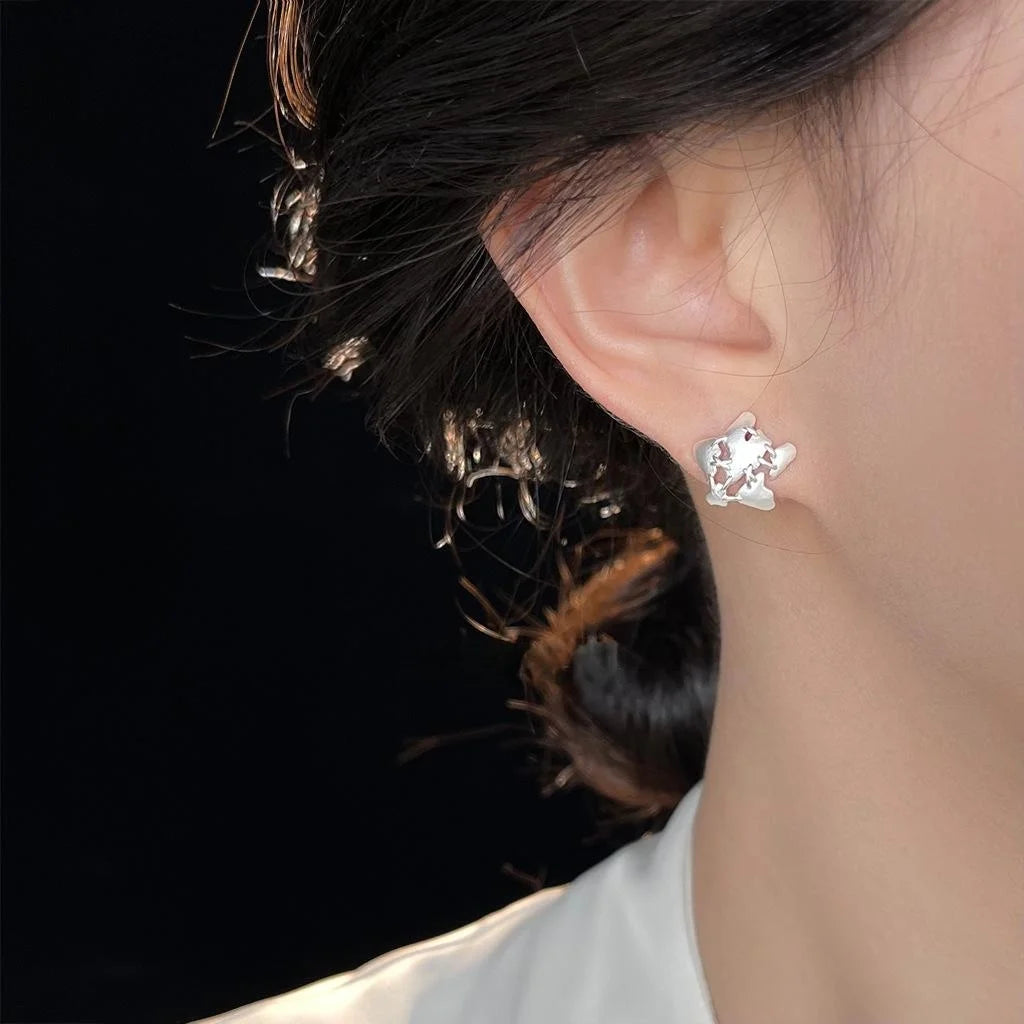 Matte Silver Plated Copper Star Stud Earrings, Suture Design Style