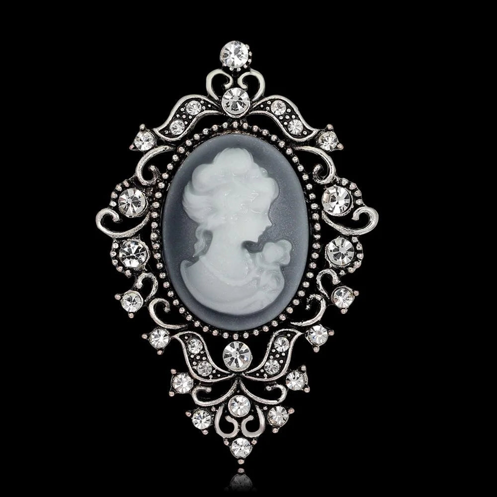 Vintage Lady Portrait Cameo Brooch With Gold Alloy Filigree Rhinestone Crystal Lapel Pin Suit Accessory Gift