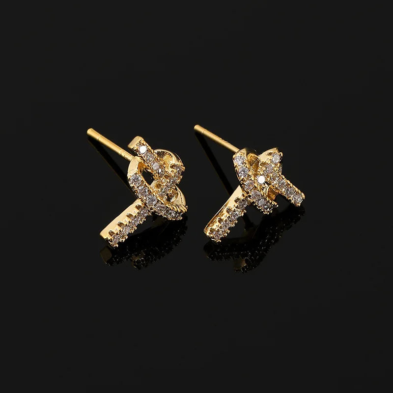 Elegant Pave Zircon Heart Knot Spiral Gold Alloy Stud & Clip On No Piercing Fashion Earrings
