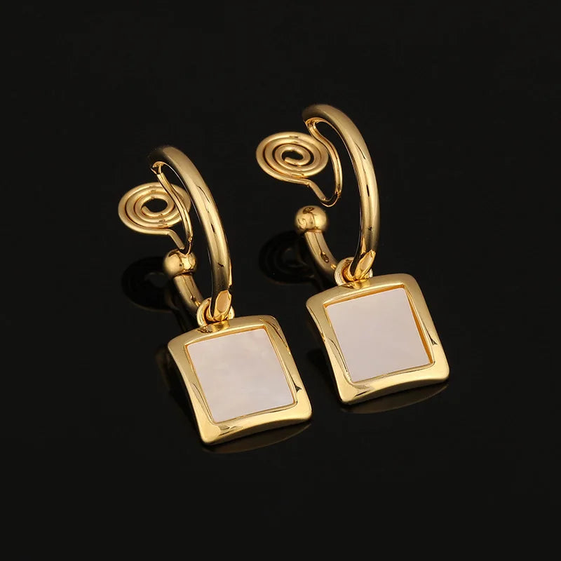 Elegant Gold Alloy Spiral Hoop Square Natural Shell Stud & Clip On No Piercing French Style Earrings