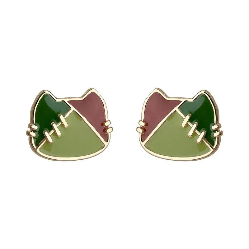 Handmade Painted Enamel Cat Head Stud Earrings Eco Copper Cute Artistic Jewelry