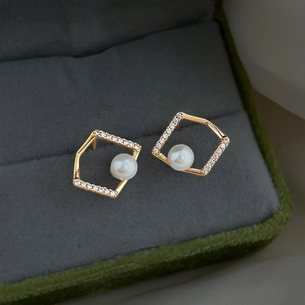 Copper Geometric Stud Earrings With Micro Pave Zircon, Pearl Hollow Line Minimalist Luxury Style