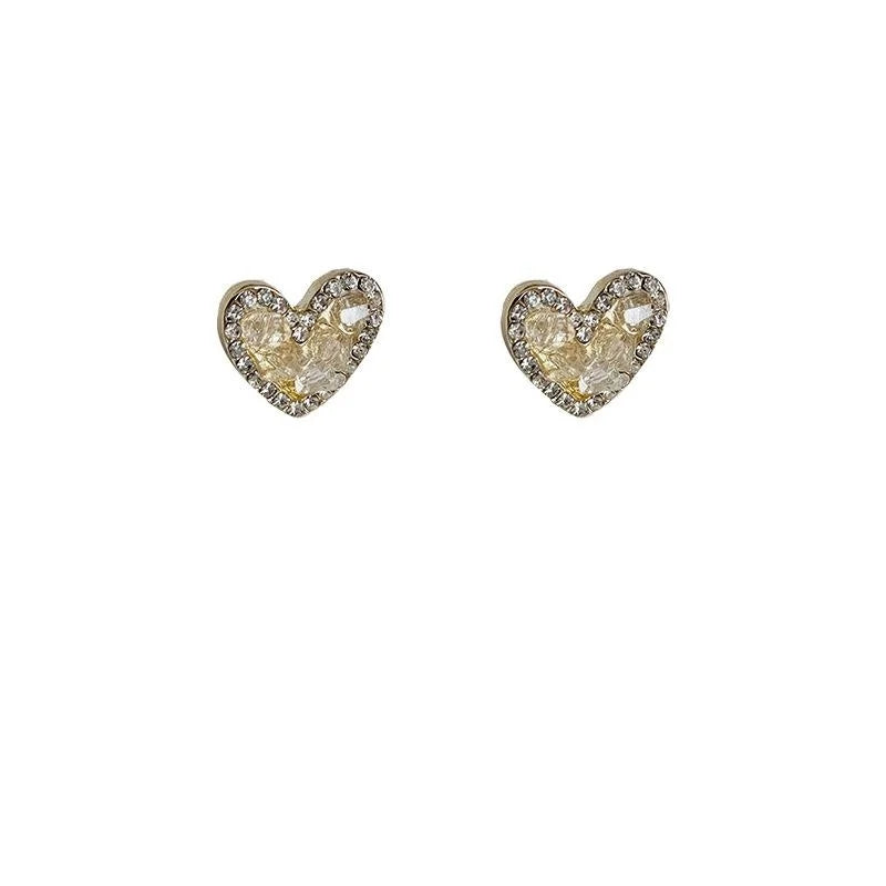 Sweet Mini Heart Stud Earrings With Handmade Sunset Orange Glass Crystal Inlay