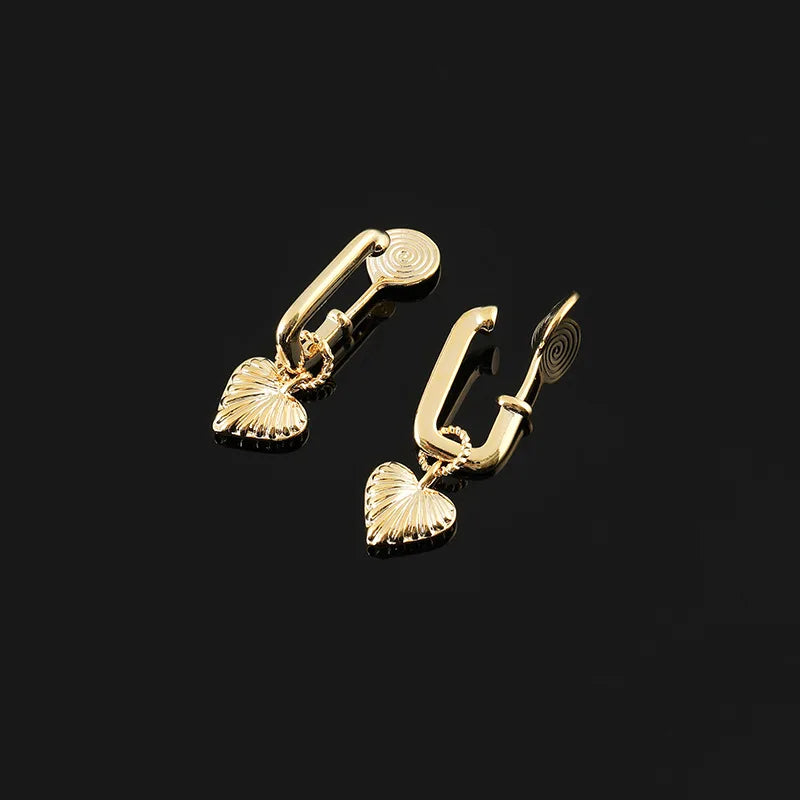 Vintage Gold Alloy U Hoop With Striped Heart Charm Stud & Clip On No Piercing Fashion Earrings