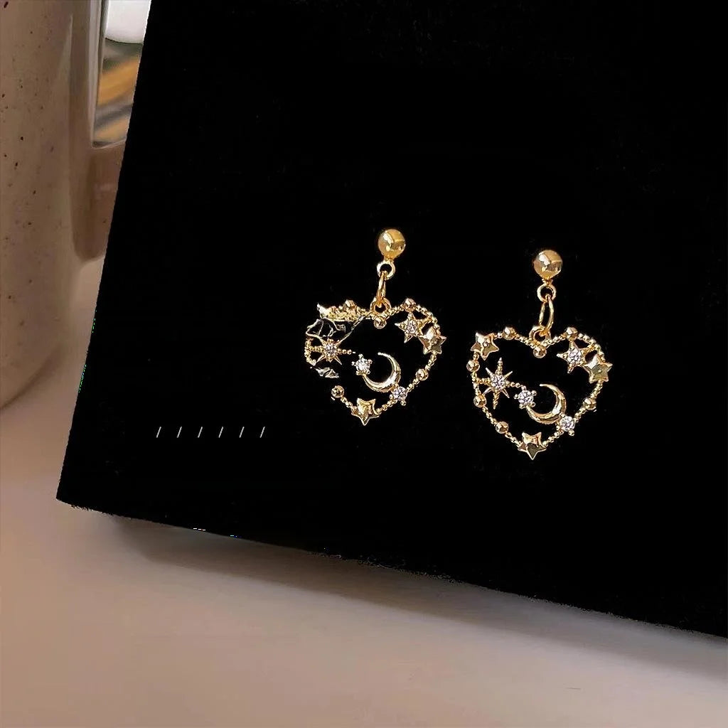 Vintage Silver Plated Copper Heart Star Moon Micro Pave Zircon Stud Earrings