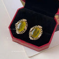 Vintage 14K Plated Copper Olive Green Cat Eye Oval Zircon Stud Earrings
