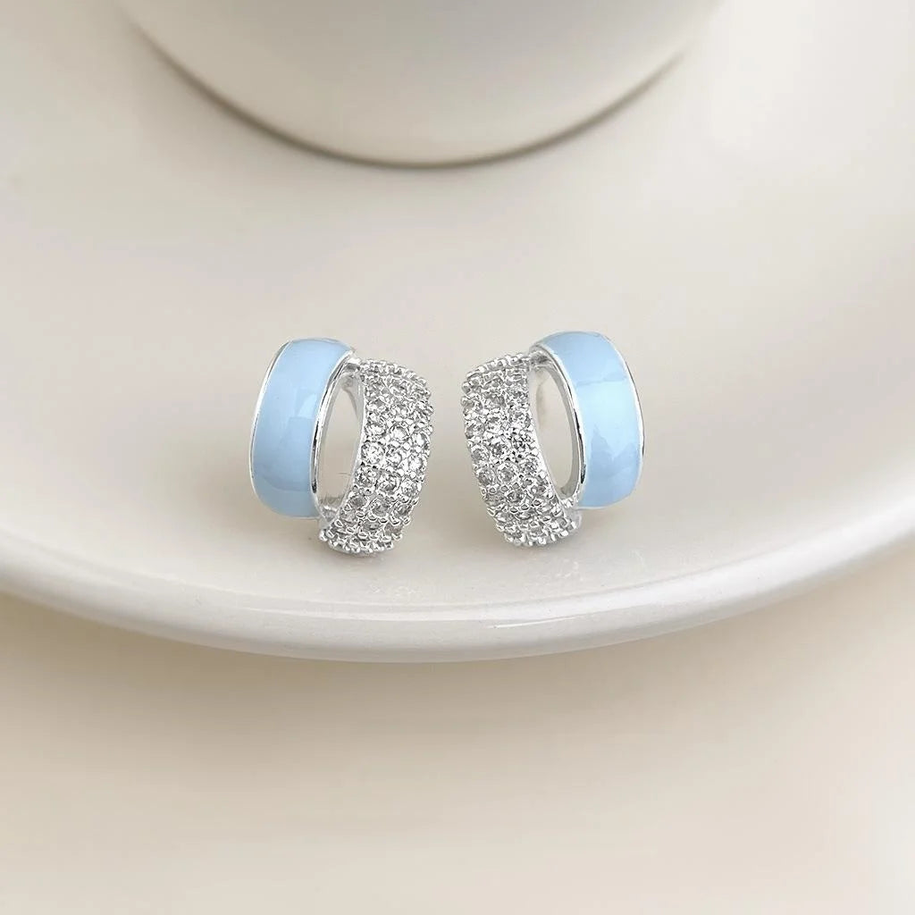 Fresh Blue Micro Pave Zircon Geometric Enamel Copper Stud Earrings For Women