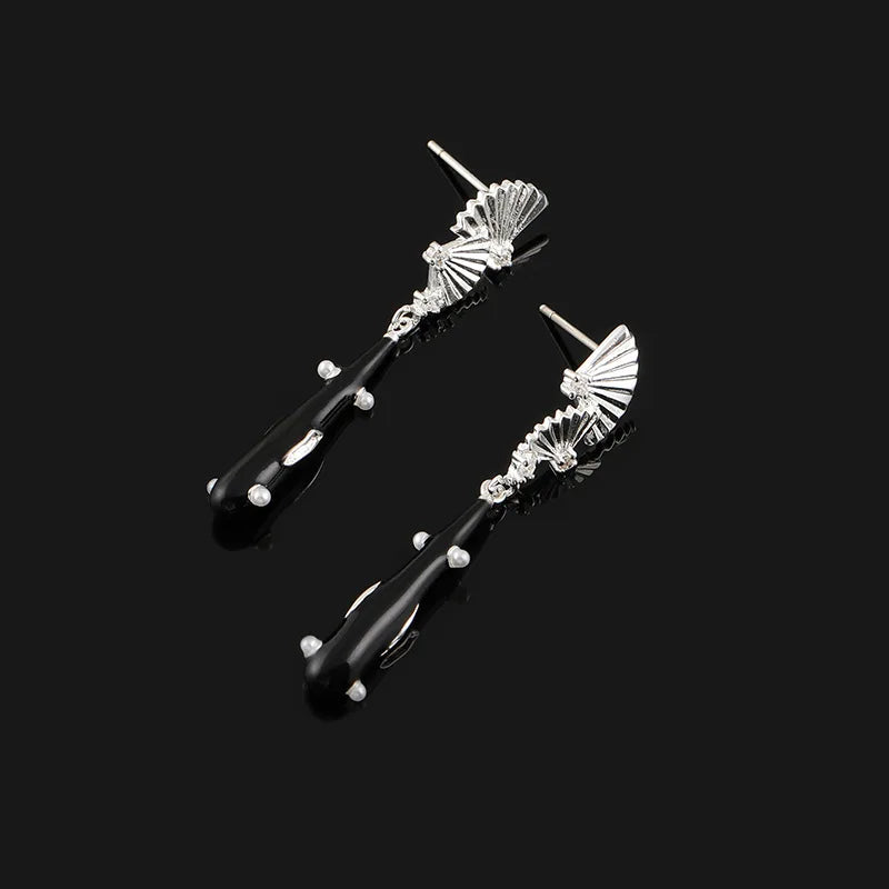Vintage Chinese Fan Alloy Enamel Long Tassel Pearl Stud & Clip On No Piercing Qipao Earrings
