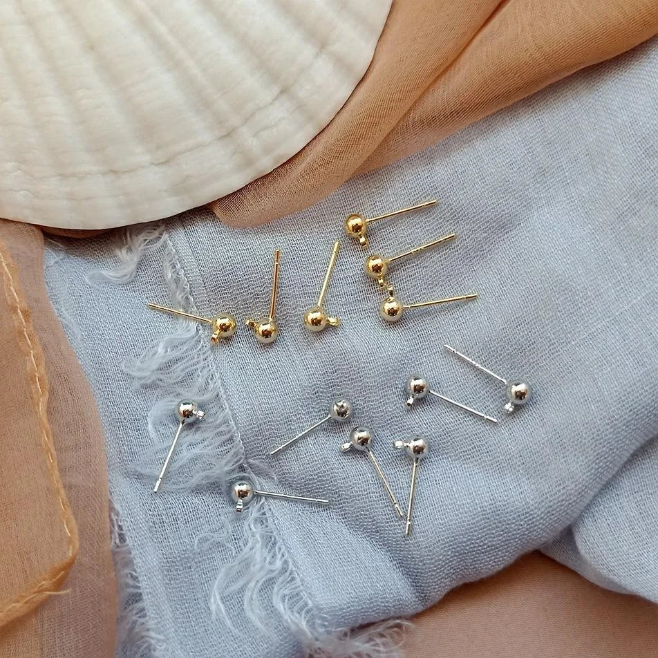 925 Sterling Silver Ball Stud Earrings With 14K Gold Plated Dangle Pin Handmade Jewelry Findings