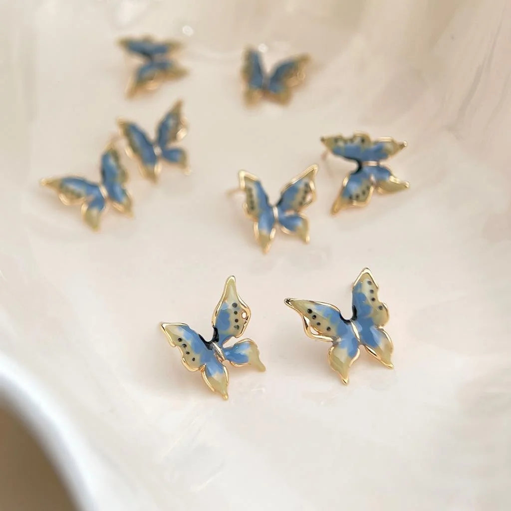 14K Plated Copper Hand Painted Iridescent Enamel Butterfly Stud Earrings Sweet Style