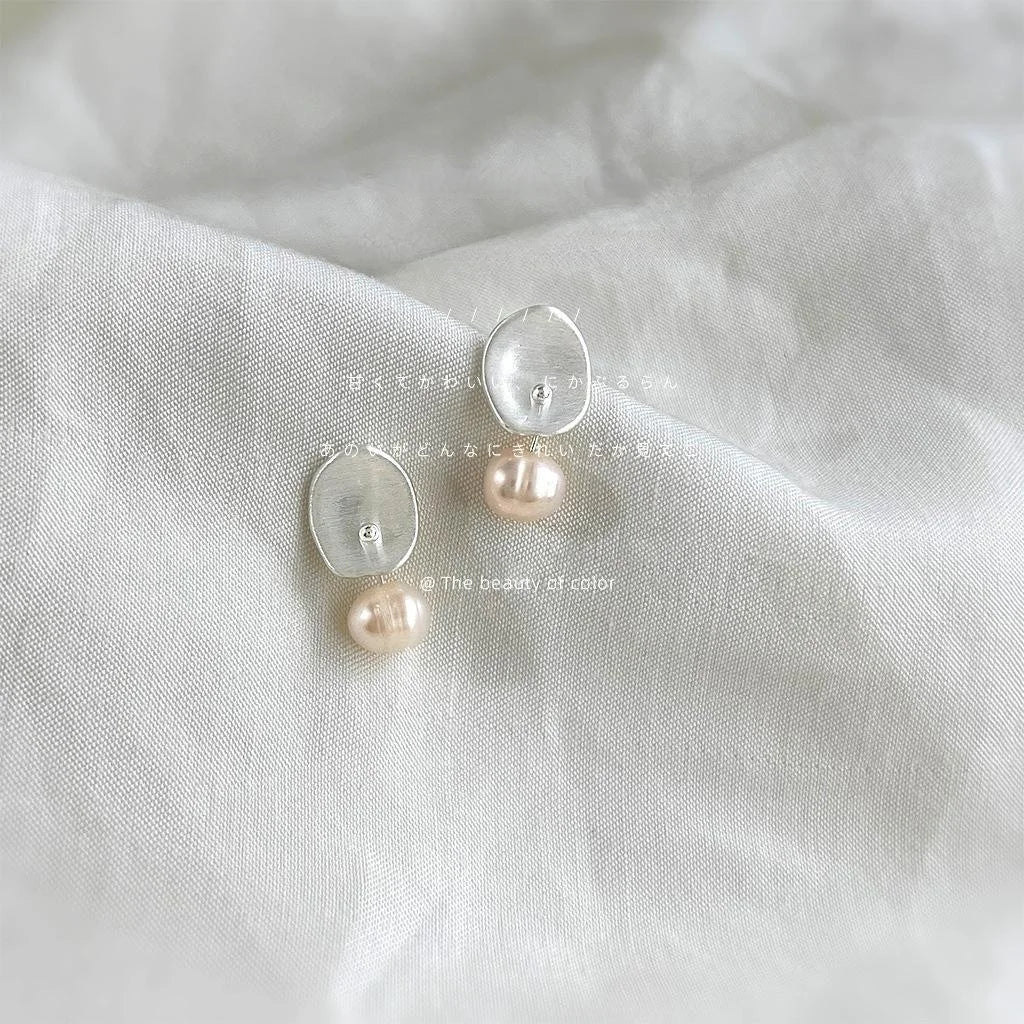 Matte Silver Brushed Copper Freshwater Pearl Irregular Geometric Drop Earrings For Women