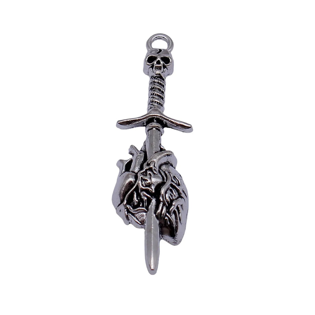 49x14mm 2.9g Antique Silver Tone Zinc Alloy Skull Sword Heart Charm Pendant for Gothic DIY Jewelry