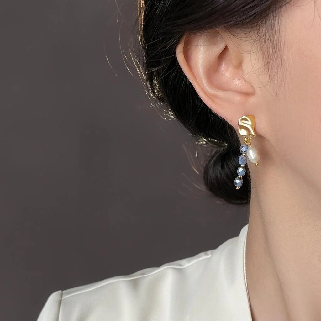 Handmade Ethnic Freshwater Pearl Czech Glass Geometric Long Drop Earrings