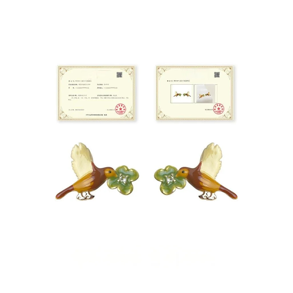 Elegant Enamel Glazed Copper Bird Flower Stud Earrings With Silver Plated Pins
