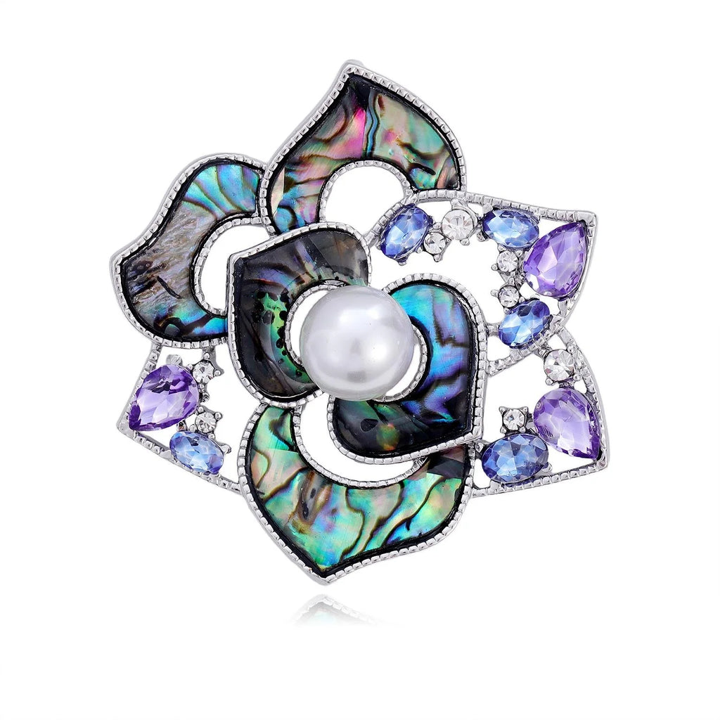 Elegant Camellia Flower Brooch With Mother Of Pearl Petals, Rhinestone Accents And Pearl Lapel Pin Gift