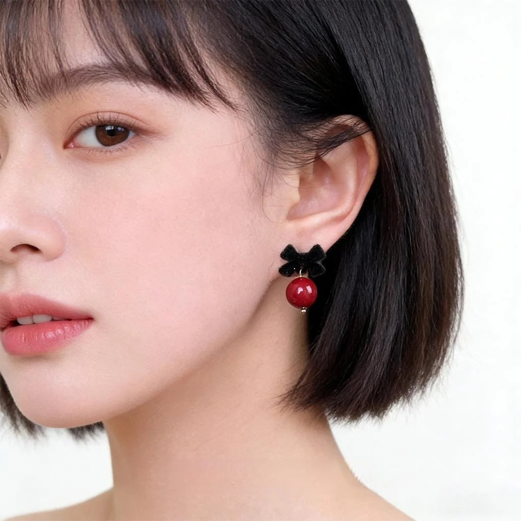 Chinese Style Flocked Bow Glass Ball Drop Earrings Vintage Elegant Jewelry