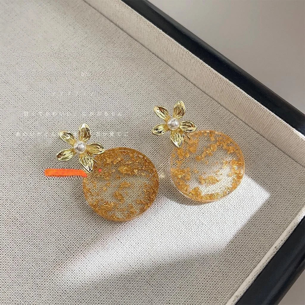 Original Design Copper Gold Foil 3D Peach Blossom Pearl Drop Earrings For Women