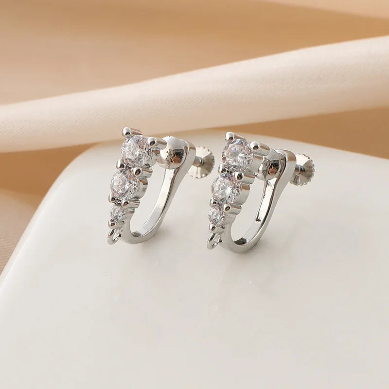 Elegant Gold Alloy Zircon Triple Stone Mini Hoop Stud & Clip On No Piercing Screw Back Earrings