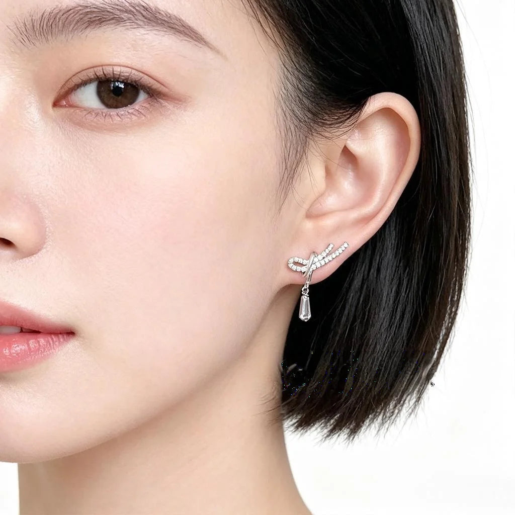 Light Luxury Micro Pave Zircon Copper Knot Bow Teardrop Geometric Drop Earrings for Women