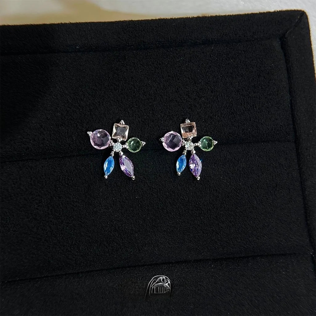 Colorful Micro Pave Zircon Flower Stud Earrings Copper Sweet Summer Jewelry