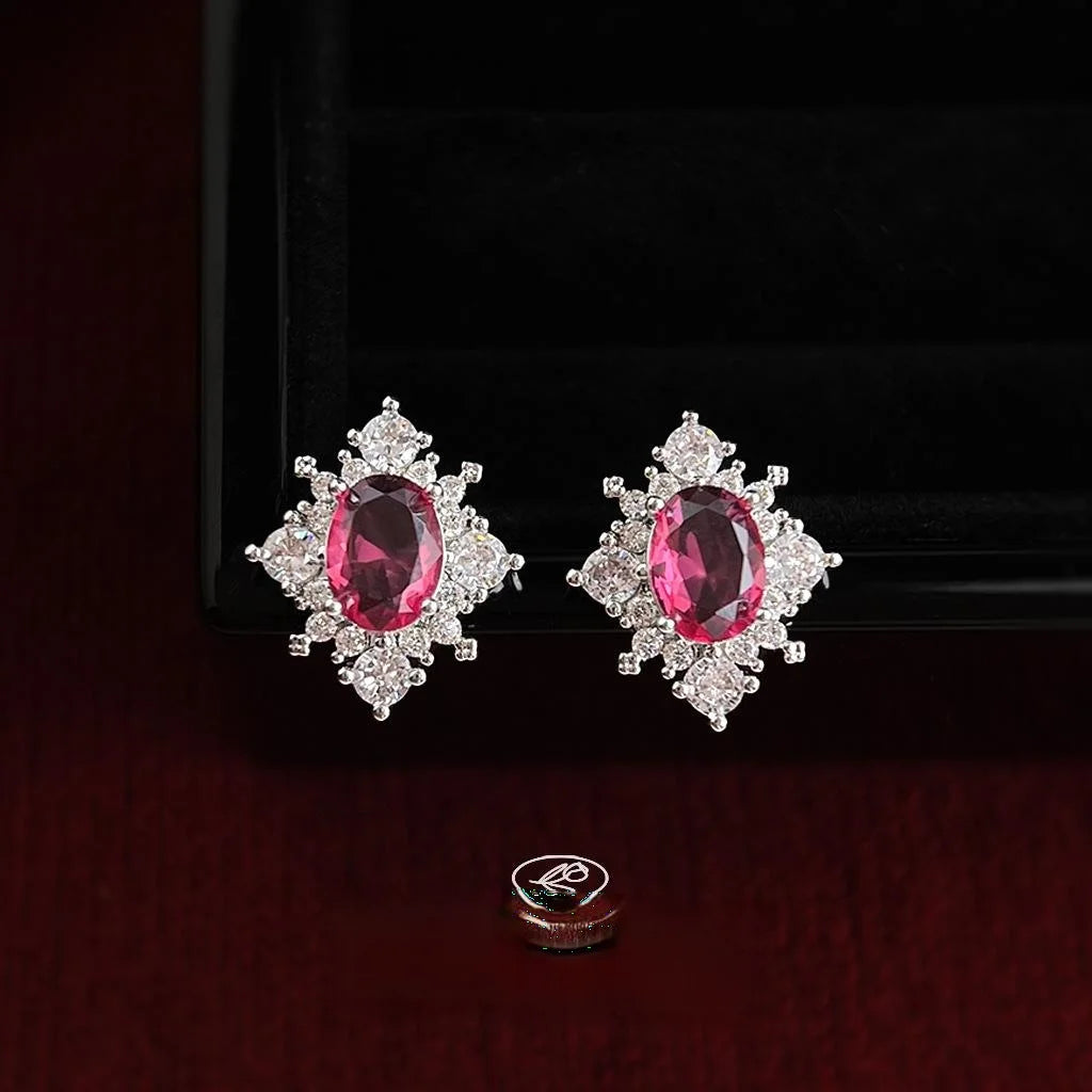 French Elegant Rose Red Zircon Geometric Copper Stud Earrings Hong Kong Style