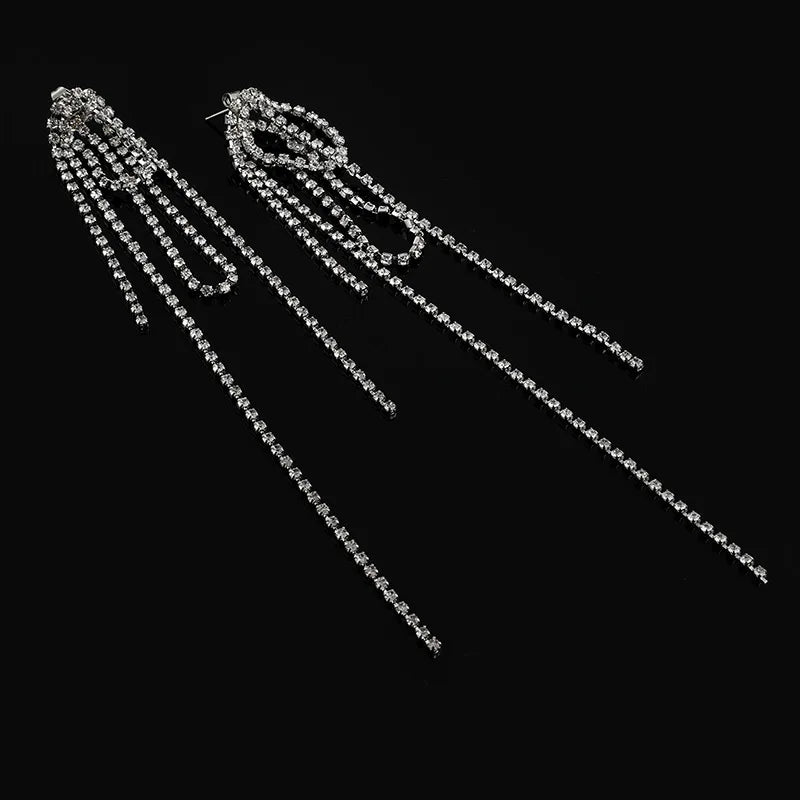 Luxury Long Rhinestone Tassel Swirl Back Drop Stud & Clip On No Piercing Statement Earrings