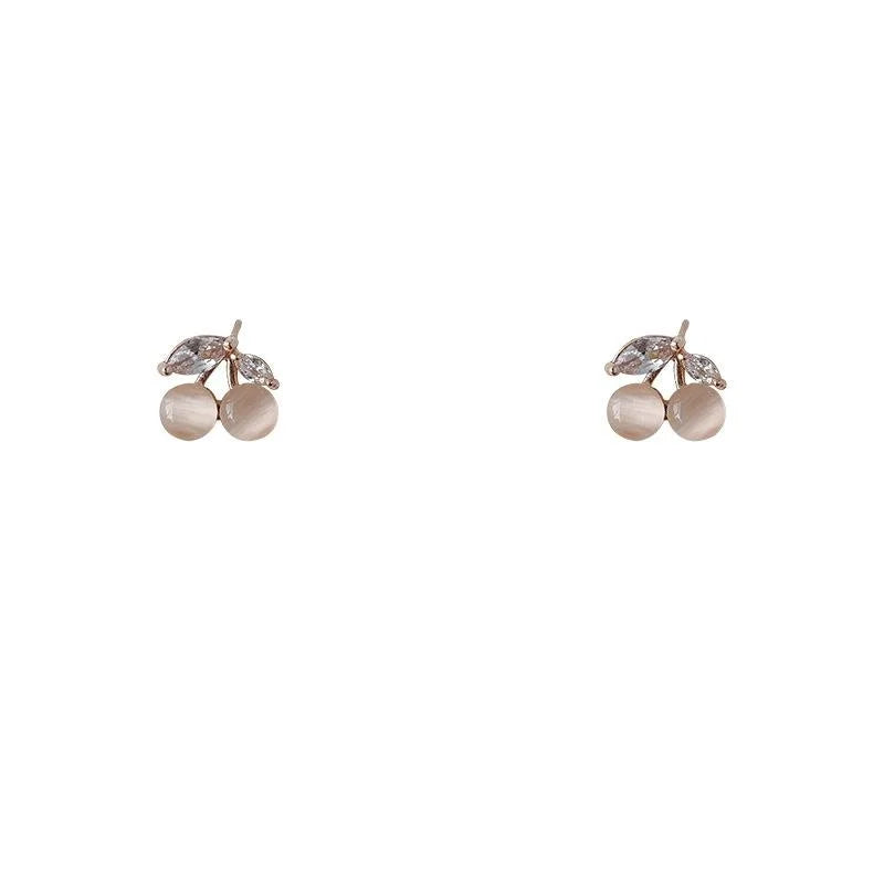 Sweet Korean Japanese Cherry Cat Eye Stone Zircon 14K Gold Plated Stud Earrings For Women