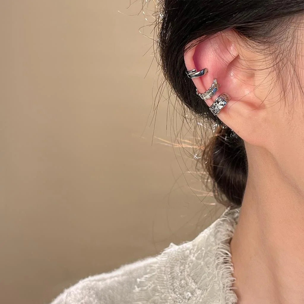 Silver Tone Copper Geometric Hoop Ear Cuff Clip On Drop Earrings For Women