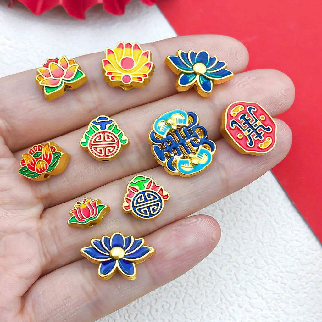 Enamel Zinc Alloy Cloud Ruyi Coin Lotus straight hole spacer beads for DIY bracelets