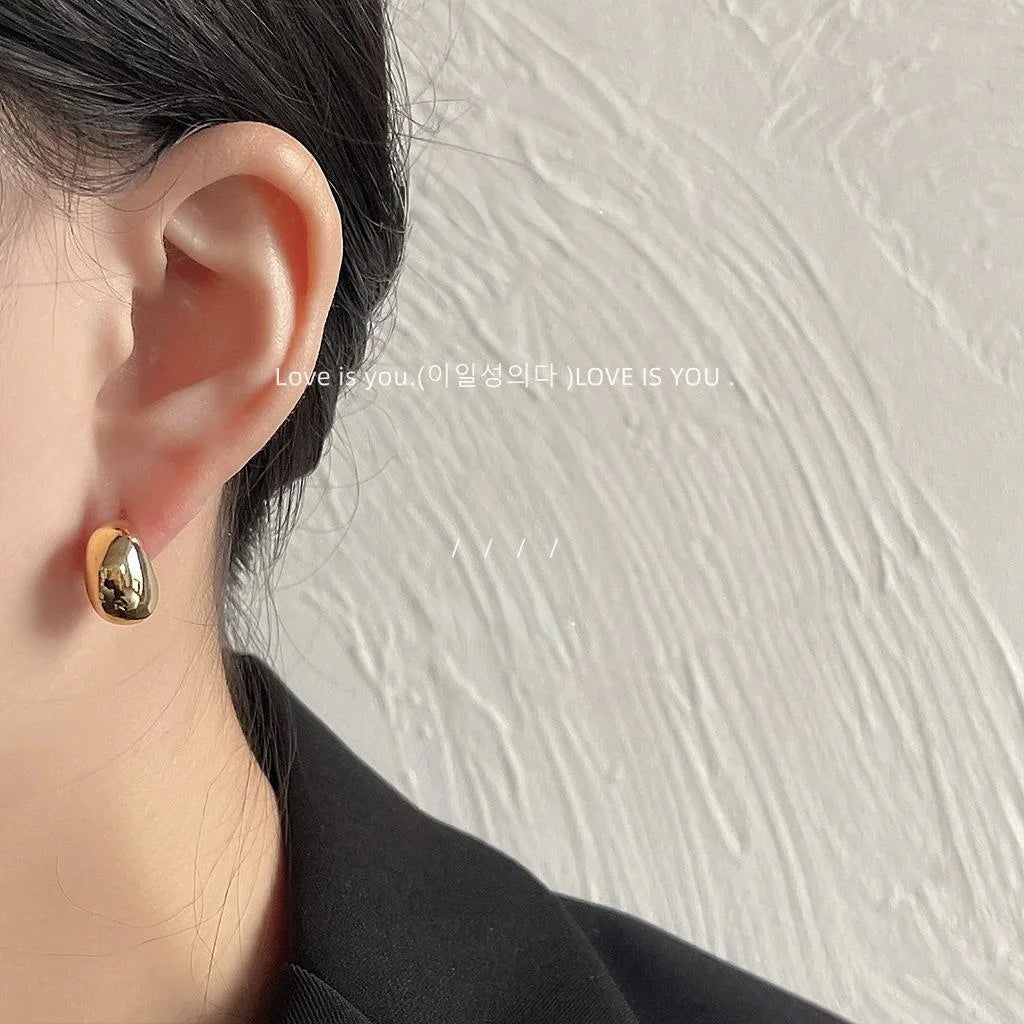 14K Gold Plated Copper Smooth Oval Bean Stud Earrings Elegant Minimalist Geometric Jewelry