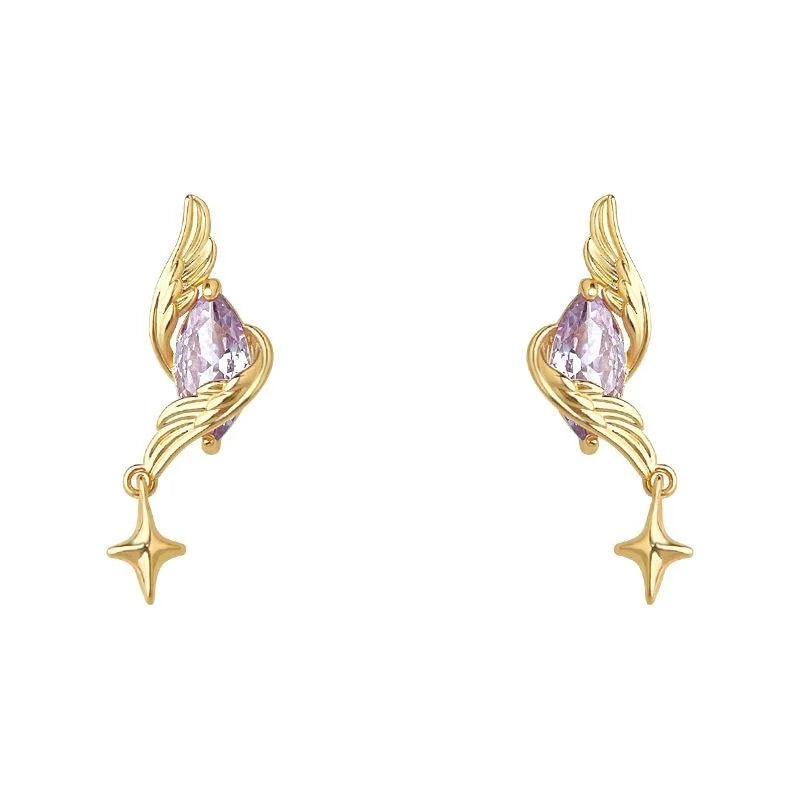 Light Luxury Purple Zircon Star Wing Stud Earrings Copper Silver Plated Geometric Jewelry