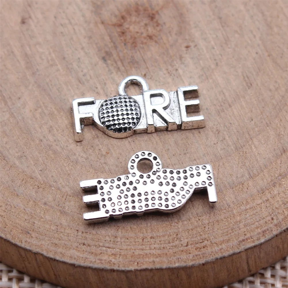 8x16mm 0.7g Antique Silver Zinc Alloy Golf FORE Charm Pendant for Sports DIY Necklace Bracelet Making