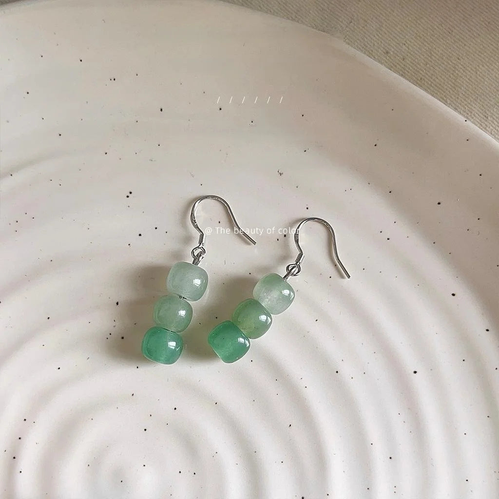 New Chinese Green Natural Stone Beaded Long Stud Earrings Geometric Round Minimalist Jewelry