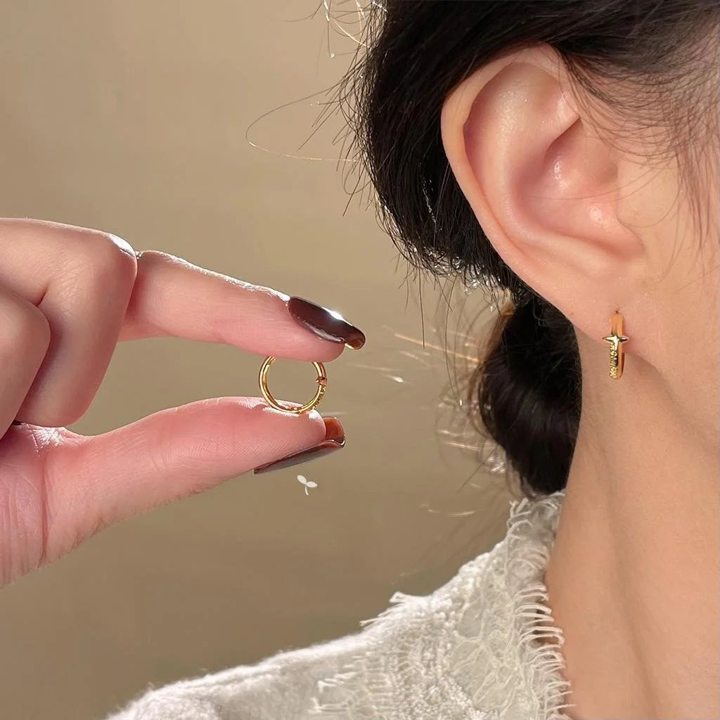 14K Gold Plated Copper Round Star Stud Earrings Simple Commuter Fashion Jewelry