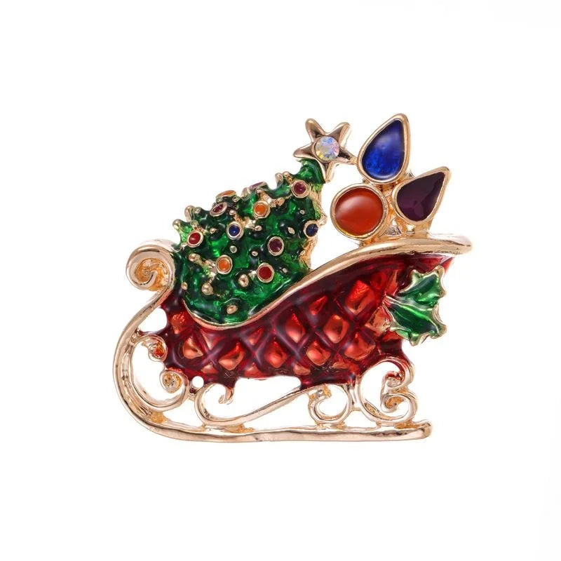 Elegant Enamel Rhinestone Christmas Tree Sleigh Brooch, Gold Tone Alloy Lapel Pin Corsage Gift