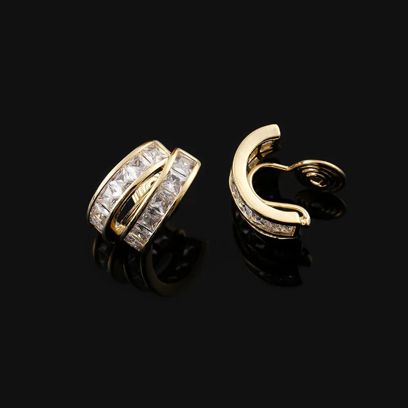 Elegant Geometric Square Zircon Hoop Stud & Clip On No Piercing Gold Alloy Huggie Earrings