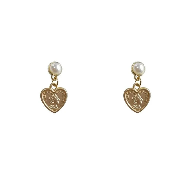 Vintage Matte Alloy Heart Coin Portrait Stud Earrings With Silver Plated Pins