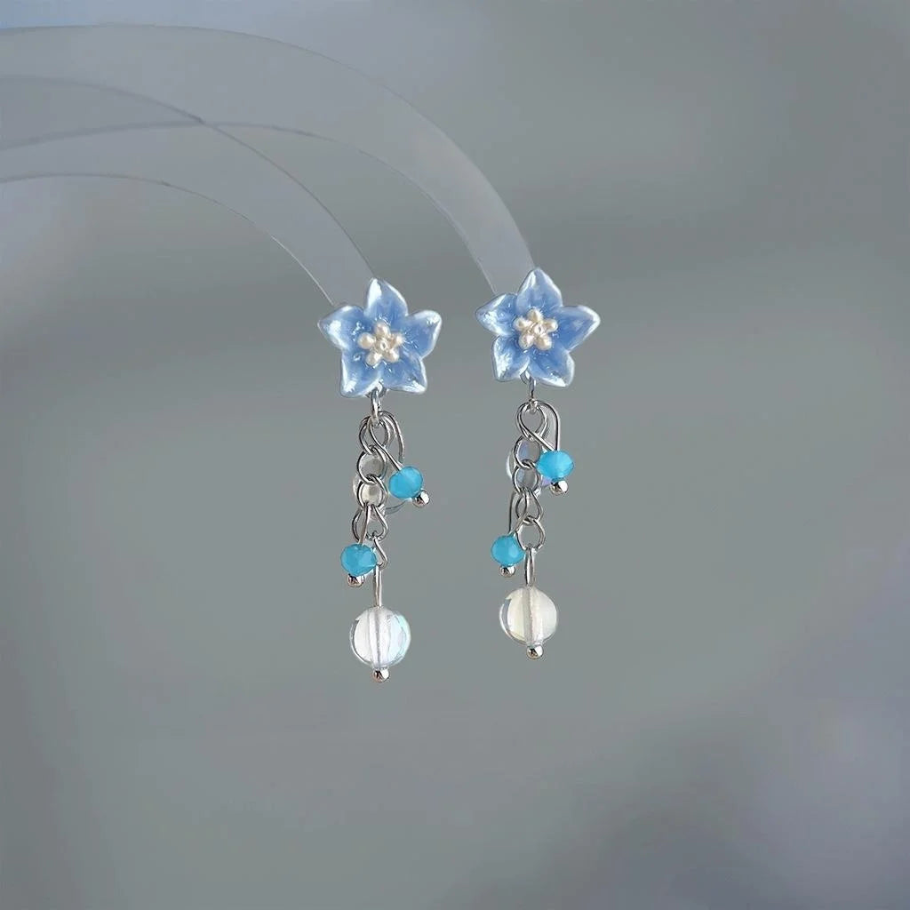 Handmade Blue Flower Glass Crystal Tassel Drop Earrings For Women Fresh Summer Style