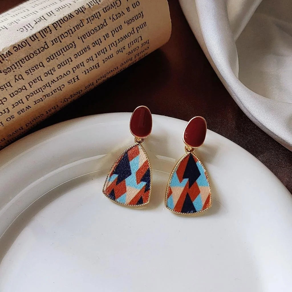 Artistic Hong Kong Style Colorblock Velvet Enamel Geometric Metal Stud Earrings