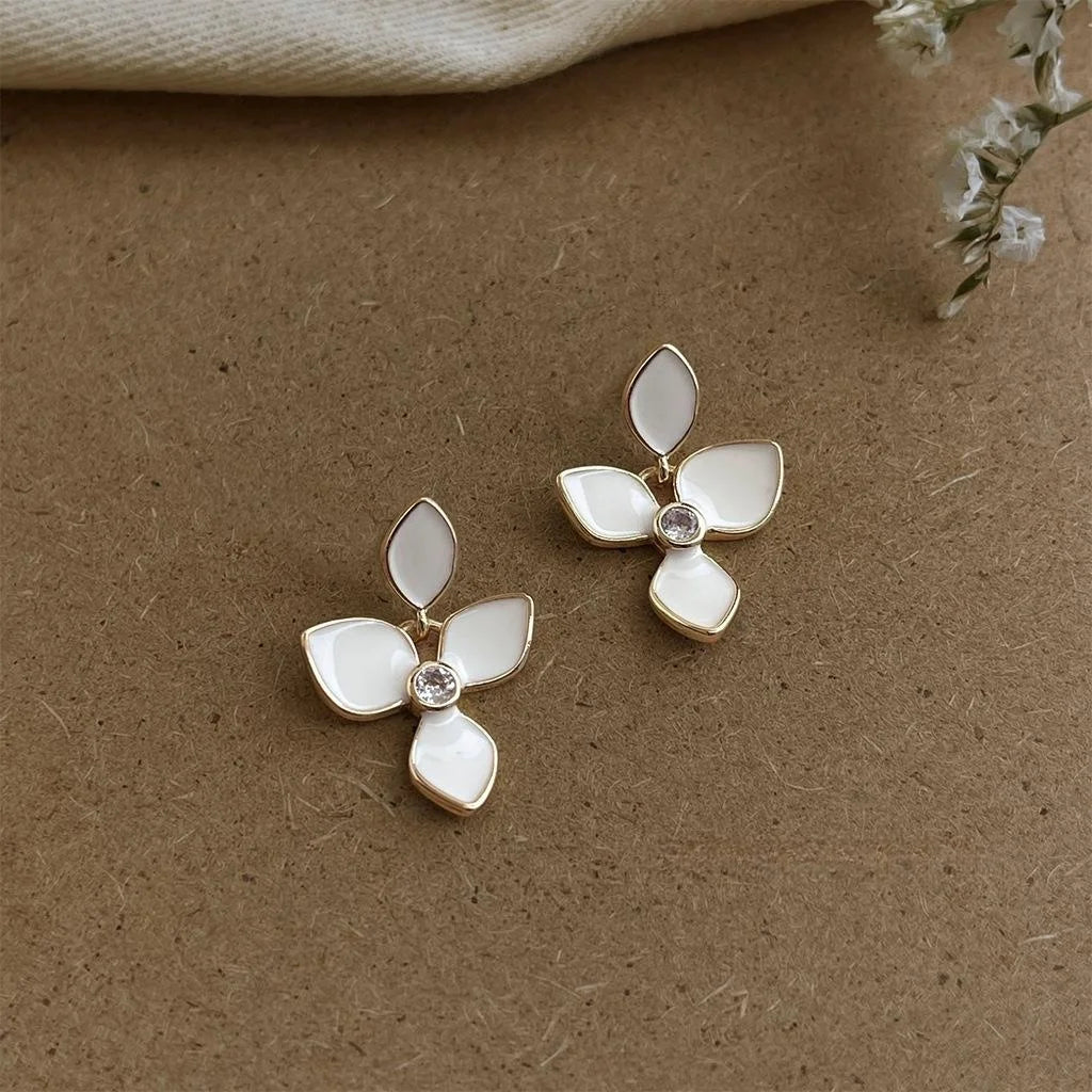 Elegant French White Iris Flower Enamel Zircon Copper Stud Earrings With Silver Plated Pins