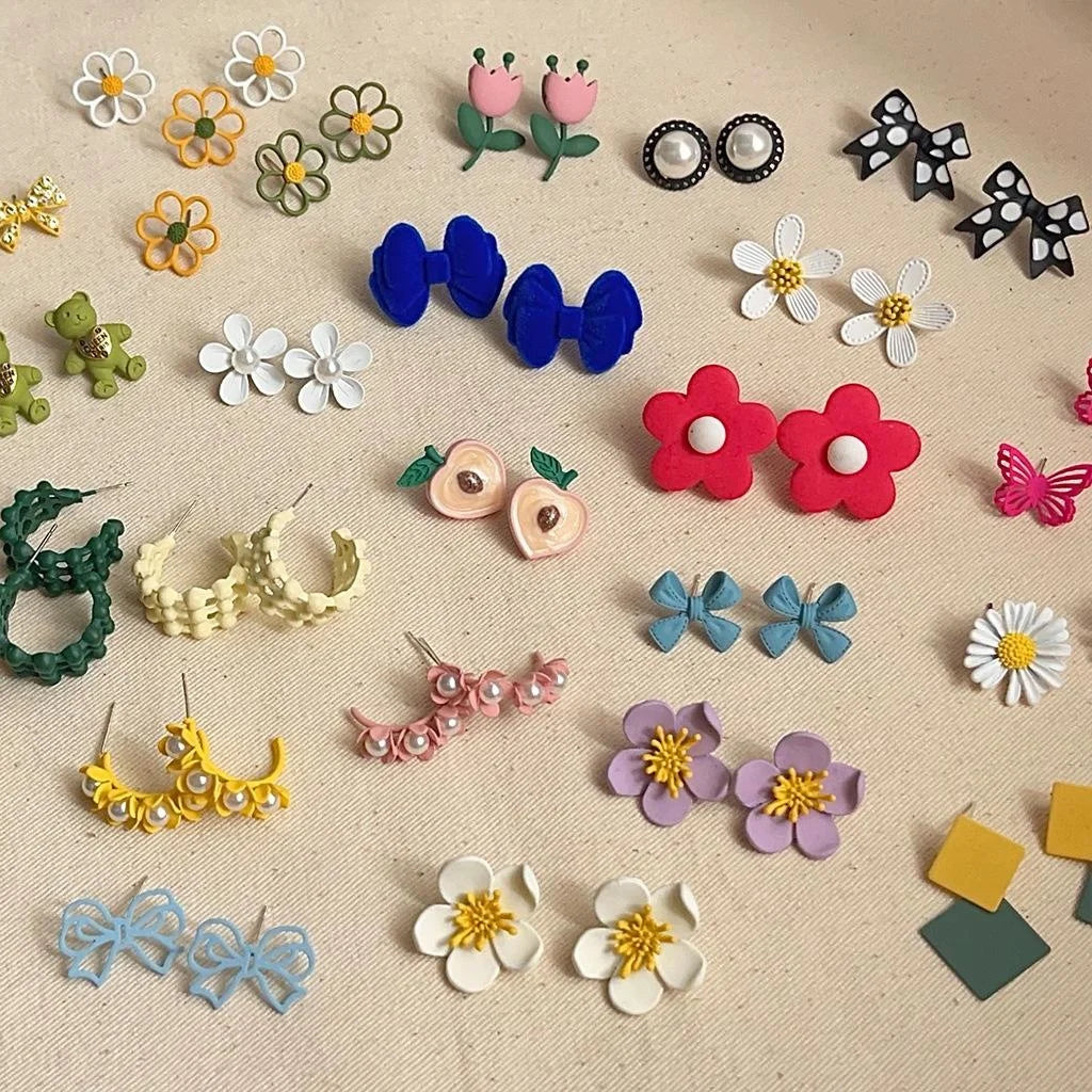 Cute Korean Enamel Copper Flower Stud Earrings With Silver Plated Posts For Women