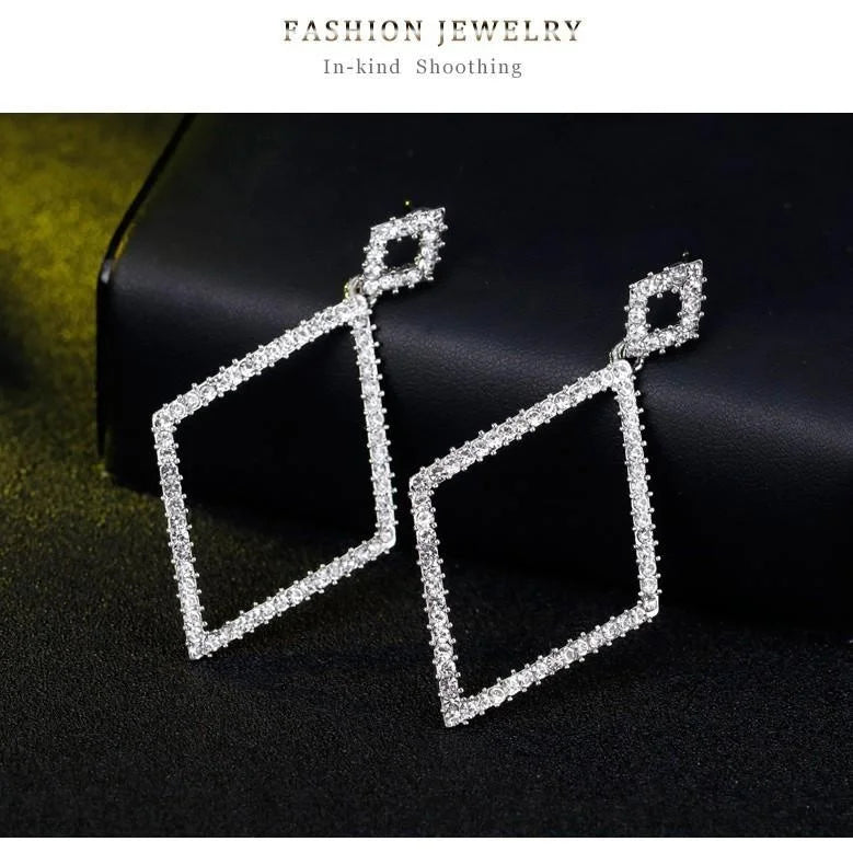 Luxury Geometric Rhinestone Diamond Shape Dangle Earrings For Women, Elegant Alloy Party Wedding Jewelry