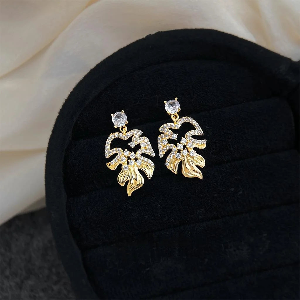 Original Design Micro Pave Zircon Hollow Leaf Drop Earrings Eco Friendly Copper Silver Plated Pin