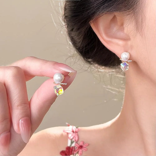 Sweet Geometric Balance Bar Stud Earrings With Glass Pearl Micro Pave Zircon 14K Plated Copper