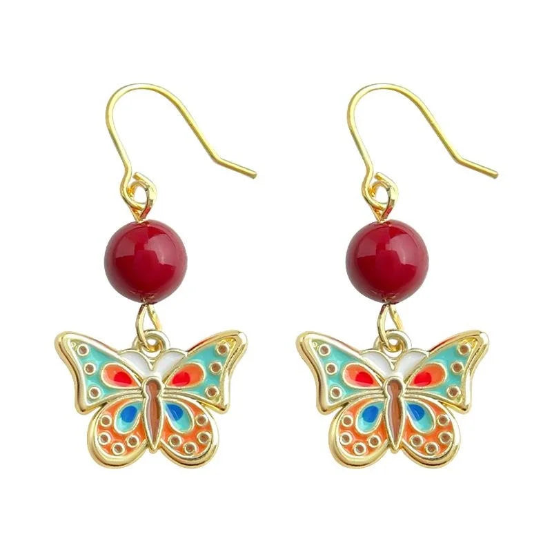 New Chinese Style Copper Double Sided Enamel Butterfly Drop Earrings Handmade Designer Jewelry