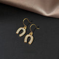 18K Gold Plated Copper U Shape Horseshoe Zircon Drop Earrings For Elegant Commuter Style
