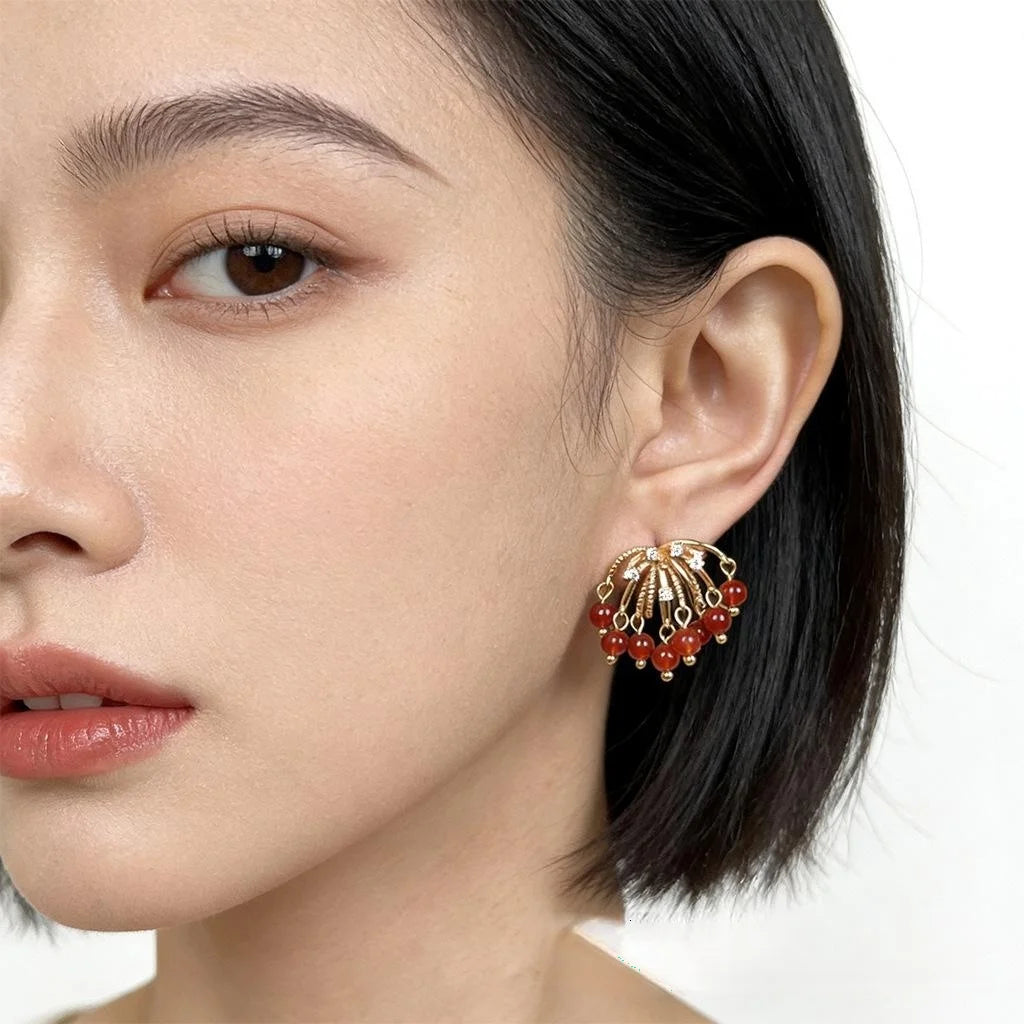 Old Money Style Copper Red Agate Zircon Micro Pave Round Geometric Drop Earrings