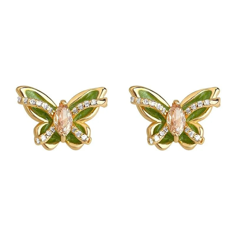 Original Design Copper Zircon Enamel Butterfly Stud Earrings, Sweet Pastoral Silver Plated Jewelry